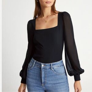 Commense Womens Black Square Neck Puff Sleeve Blouse
